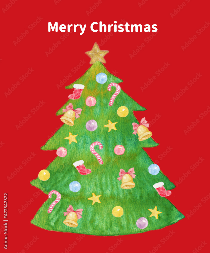 水彩イラスト素材:クリスマスに飾り付けしたモミの木 赤色背景
水彩イラスト素材:クリスマスに飾り付けしたモミの木 赤色背景
