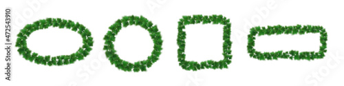 Ivy frames, climbing vine with green leaves of creeper plant. Round, rectangular and square hedera borders isolated on white background. Design elements for invitation decor, Realistic 3d vector set