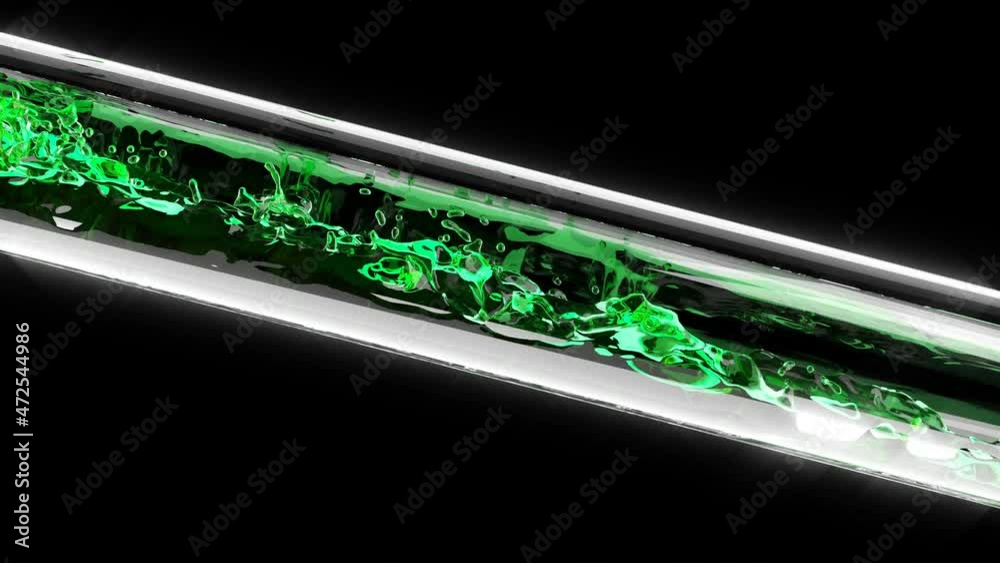 Green liquid flowing through glass tube chemical biological experiment medical tests 4k