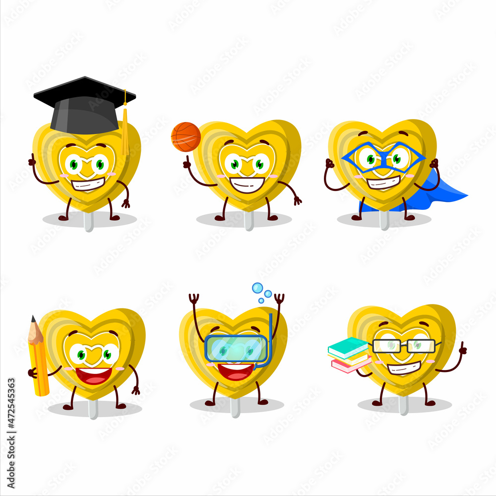 School student of yellow love candy cartoon character with various expressions