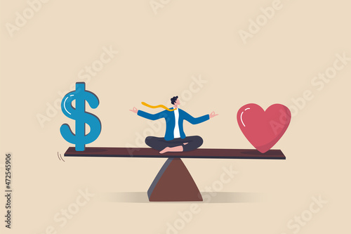 Work life balance, balancing between career to make money and personal life to enjoy with yourself or family concept, success businessman meditate on seesaw balance with money and heart symbol. photo
