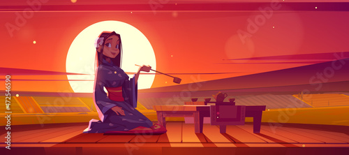 Girl in kimono and traditional wooden furniture for japanese tea ceremony. Vector cartoon illustration with geisha, cups and teapot on table on background of fields landscape at sunset