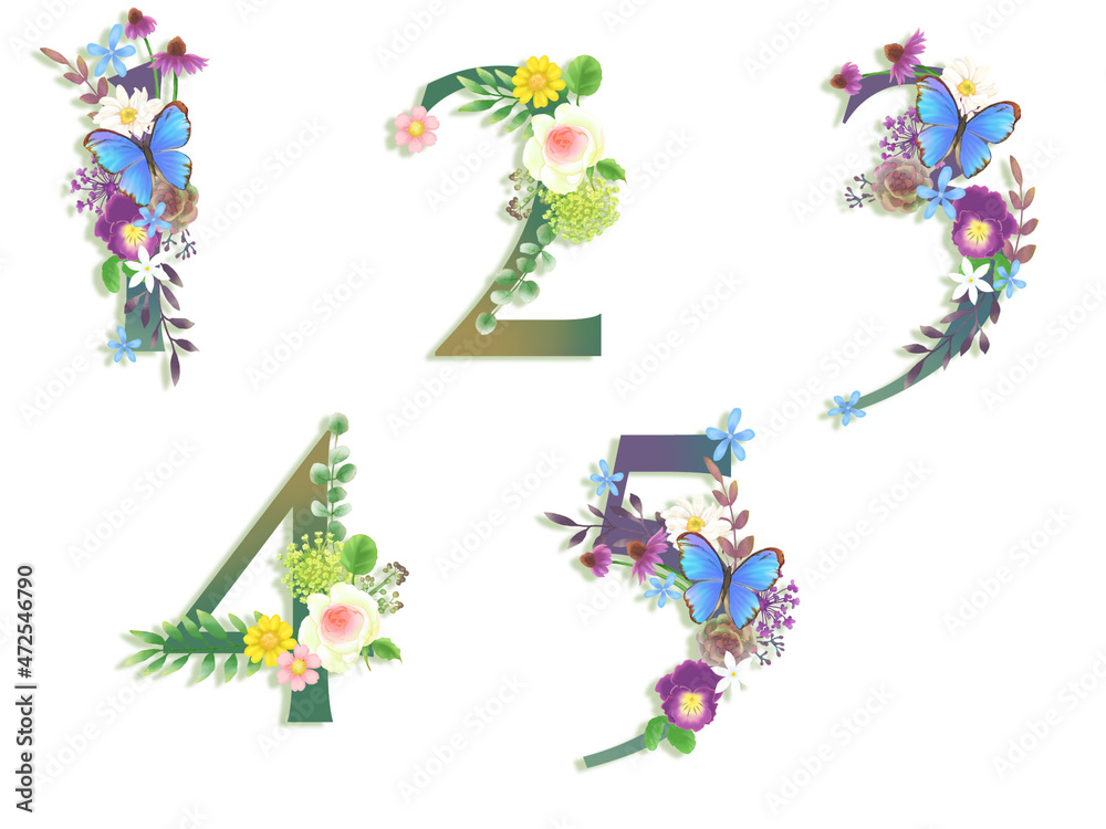 花文字数字セット1~5（白背景） Stock イラスト | Adobe Stock