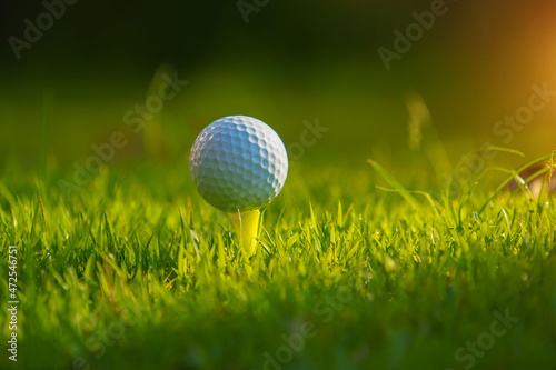 Golf ball on tee in a beautiful golf course with morning sunshine.