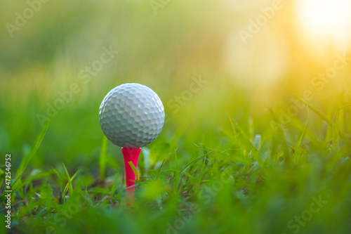 Golf ball on tee in a beautiful golf course with morning sunshine.