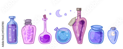 Set of mystic magical poisons and antidotes. Spirituality alchemy and Potion Making. Vector hand drawn cartoon bottles, flasks and jars for mobile games and stickers
