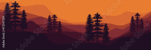 mountain landscape with pine tree silhouette vector illustration good for banner background, web background, apps background, tourism design template and adventure backdrop