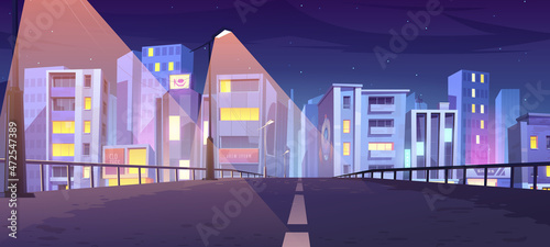 Road to city with office buildings, shops and houses at night. Vector cartoon urban landscape with empty street, town buildings, street lights and stars in sky