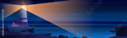 Lighthouse on rock cliff on sea shore at night. Vector cartoon illustration of summer landscape of ocean coast with beacon with light beam, house building and stars in sky