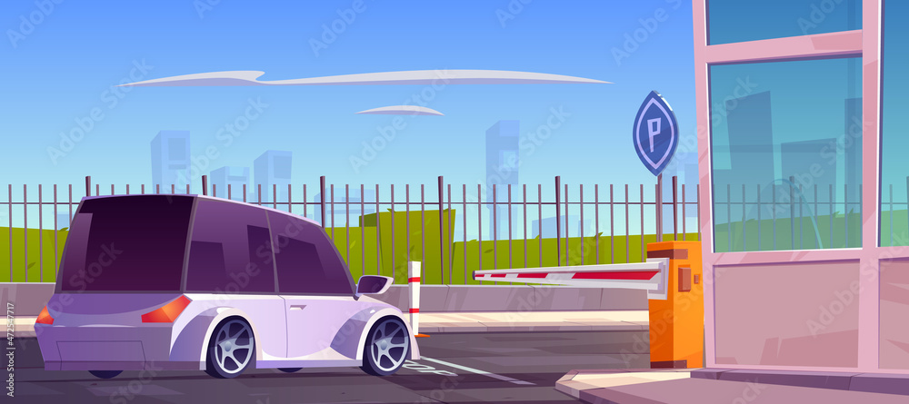 Car stand at parking security entrance with automatic barrier, guardian ...