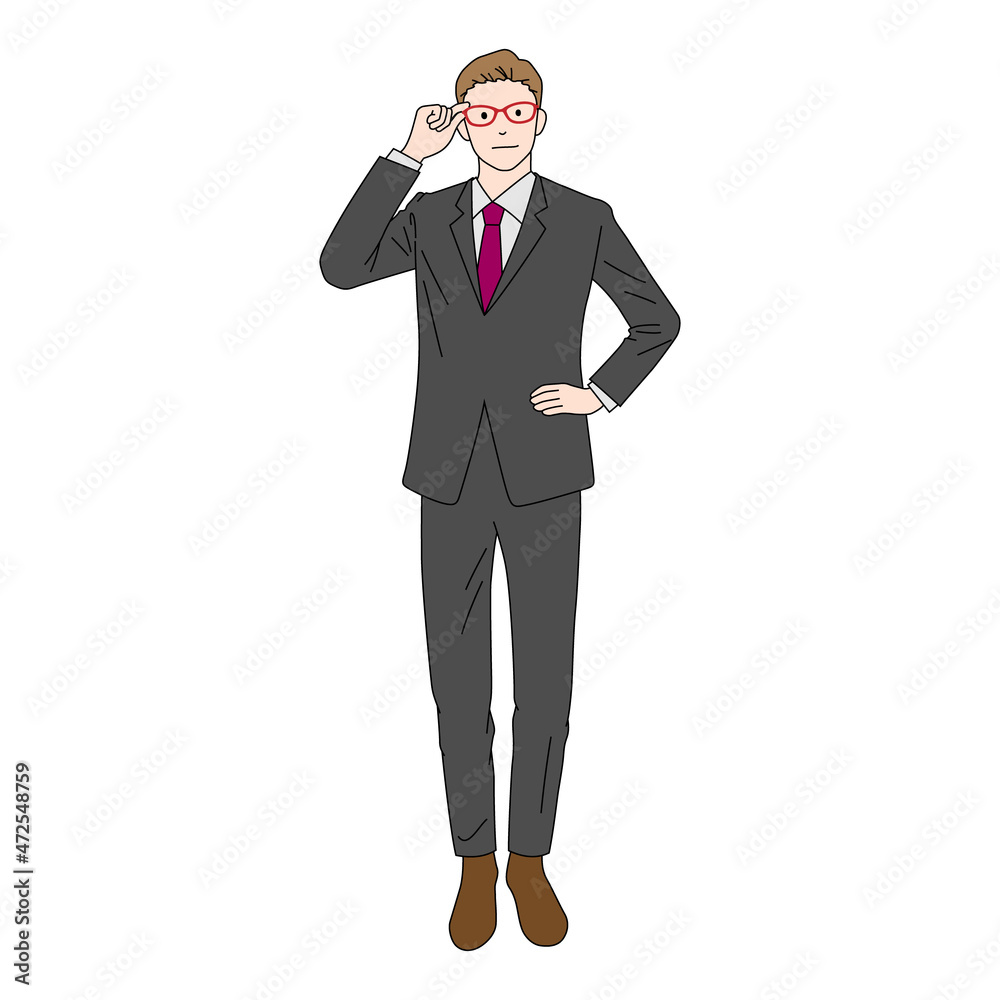 Illustration of businessman putting his hand on his glasses (white background, vector, cut out) Illustration of businessman putting his hand on his glasses (white background, vector, cut out)