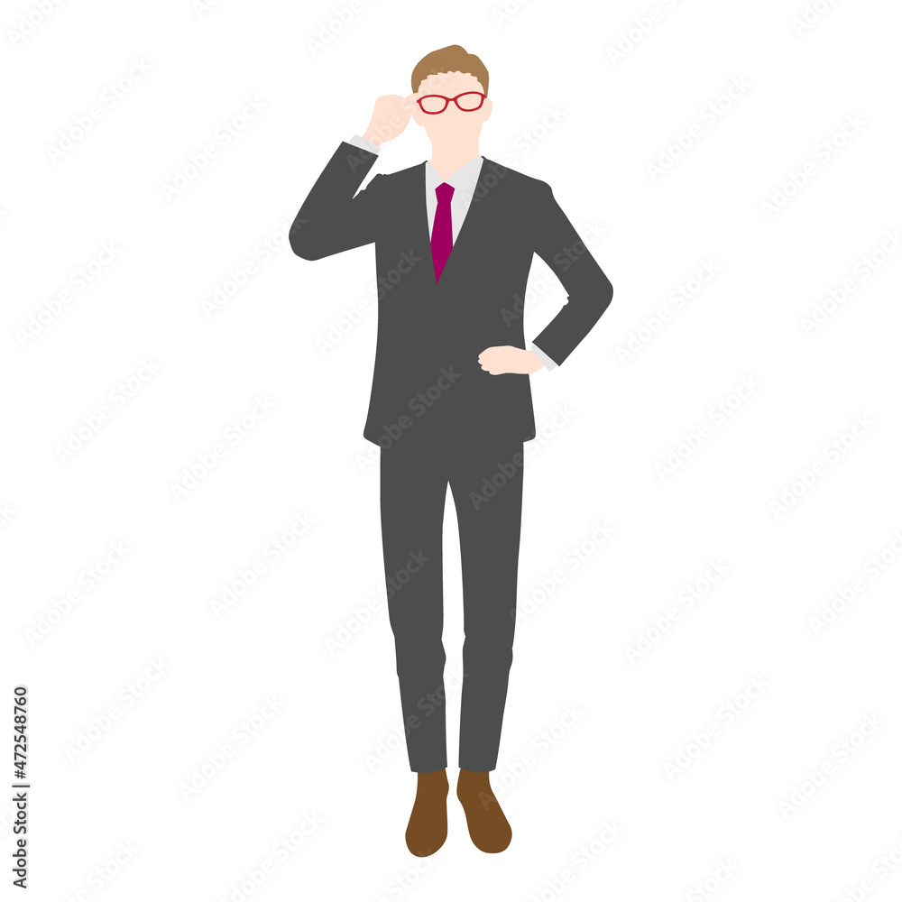 Illustration of businessman putting his hand on his glasses (white background, vector, cut out) Illustration of businessman putting his hand on his glasses (white background, vector, cut out)