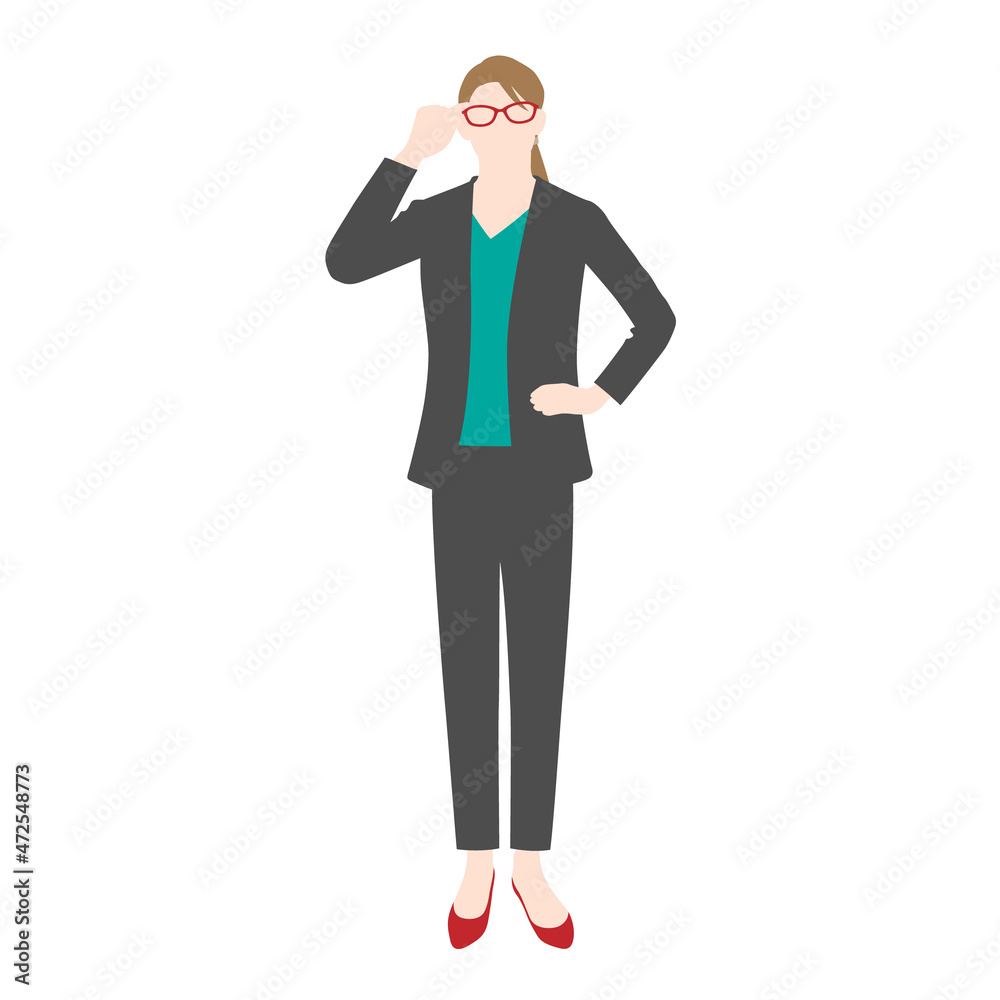 Illustration of businessman putting her hand on her glasses (white background, vector, cut out) Illustration of businessman putting her hand on her glasses (white background, vector, cut out)