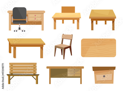 Chair And Table Furniture wood element Vector Set