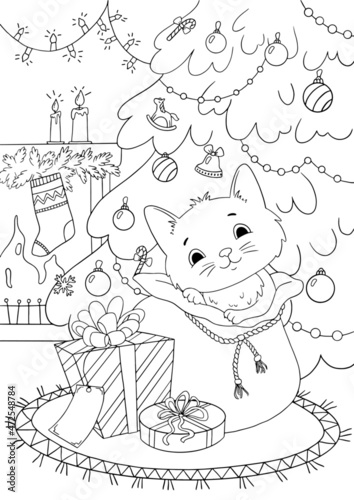 Decorated Christmas tree interior. A coloring page of the Christmas tree, fireplace, and kitten sits in a gift bag among the boxes of gifts.
