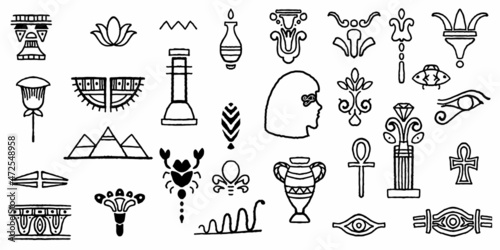 Set of hand drawn egyptian maya ancient symbol isolated on white background.