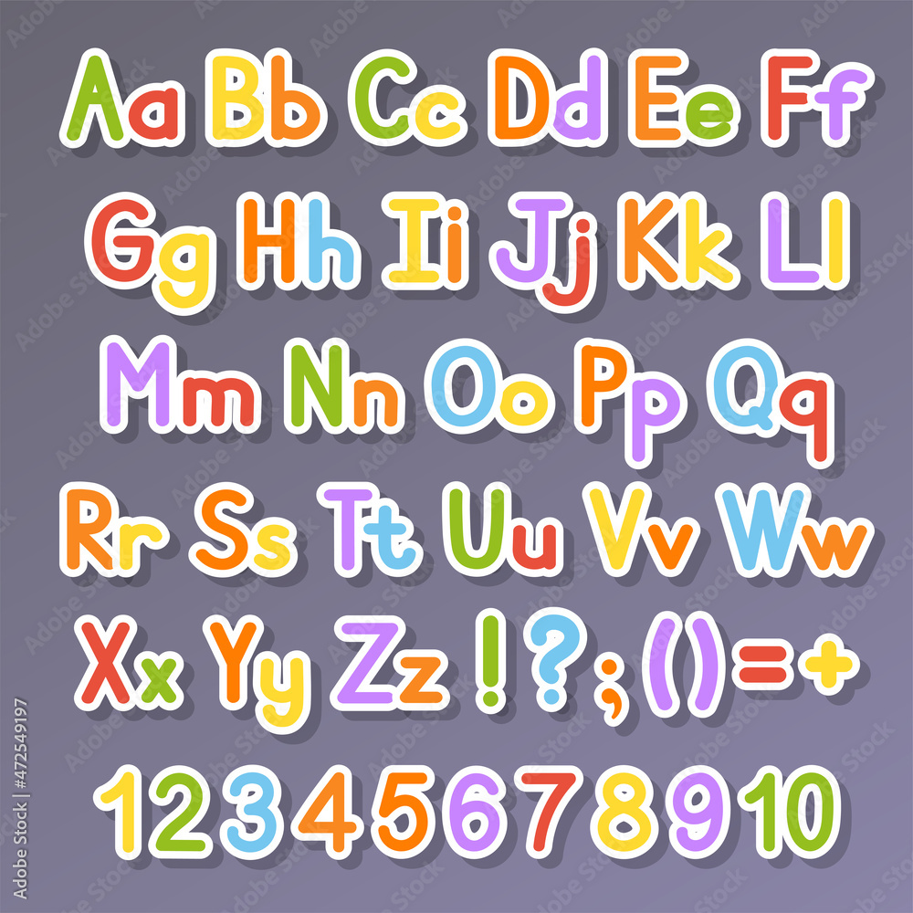 English alphabet. Vector set. Bright color style. Cartoon ABC. Funny hand drawn font. Numbers, lowercase and uppercase letters.