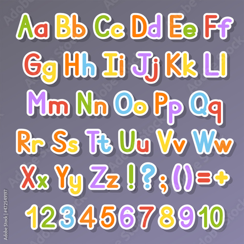 English alphabet. Vector set. Bright color style. Cartoon ABC. Funny hand drawn font. Numbers  lowercase and uppercase letters.