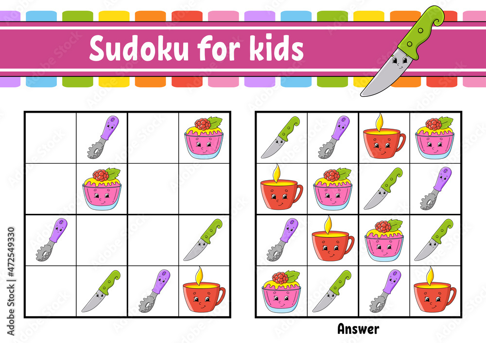 Dishware theme. Sudoku for kids. Education developing worksheet. Cartoon character. Color activity page. Puzzle game for children. Logical thinking training. Isolated vector illustration. Dishware theme. Sudoku for kids. Education developing worksheet. Cartoon character. Color activity page. Puzzle game for children. Logical thinking training. Isolated vector illustration.