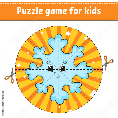 Cut and play. Round puzzle snowflake. Logic puzzle for kids. Activity page. Cutting practice for preschool. cartoon character. Christmas theme.