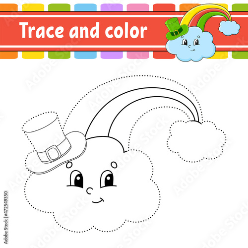 Trace and color. Coloring page for kids. Handwriting practice. St. Patrick's day. Education developing worksheet. Activity page. Game for toddlers. Isolated vector illustration. Cartoon style.