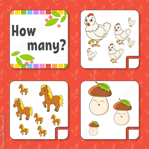 Fototapeta Naklejka Na Ścianę i Meble -  Counting game for children. Happy characters. Learning mathematics. How many object in the picture. Education worksheet. With space for answers. Isolated vector illustration in cute cartoon style.