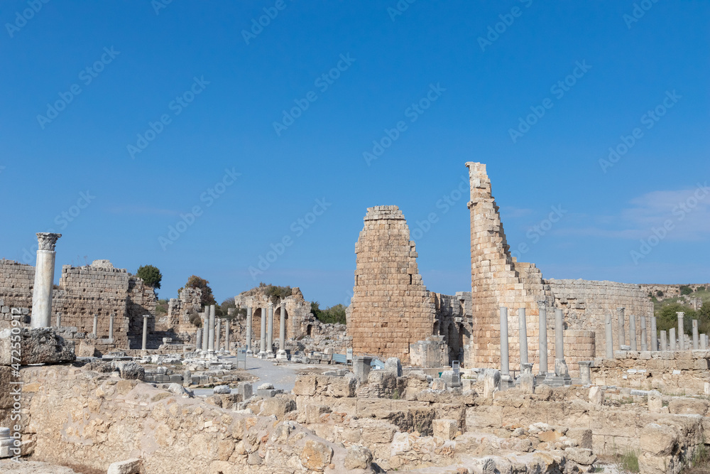 Ancient ruins of Perge city. Agora. Turkey.