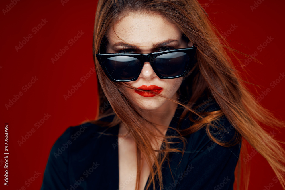 cheerful fashionable woman wearing sunglasses red lips posing red background cheerful fashionable woman wearing sunglasses red lips posing red background