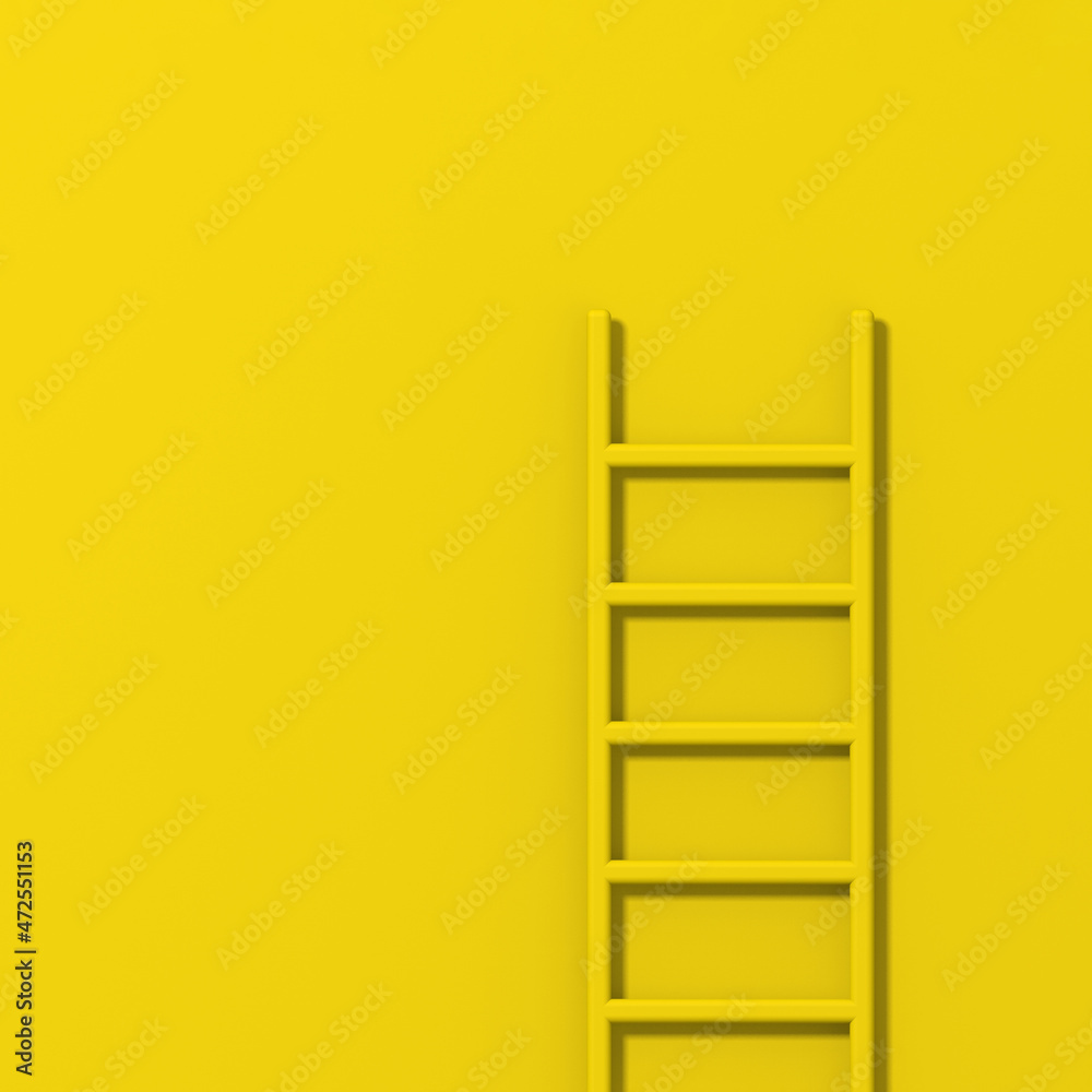Yellow staircase on yellow background. Staircase stands vertically near wall. Way to success of concept. Square image. 3D image. 3D rendering. Yellow staircase on yellow background. Staircase stands vertically near wall. Way to success of concept. Square image. 3D image. 3D rendering.