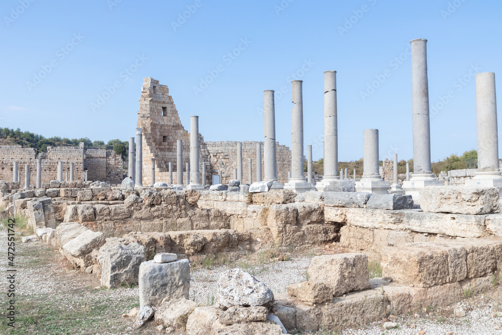 Ruins of the ancient Roman Empire city of Perge in Turkey. Ancient columns
