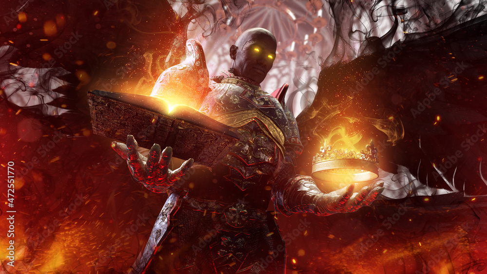 A sinister bald black angel with golden glowing eyes, he offers a choice of a book or a crown, while smiling ominously. He is wearing vintage dark red plate armor with gold patterns. 3d rendering art