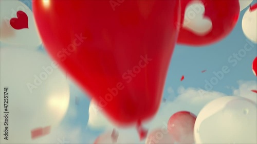 Valentines day red and white heart shape balloons flying in sky in slow motion 4k footage, Valentines day wishes background