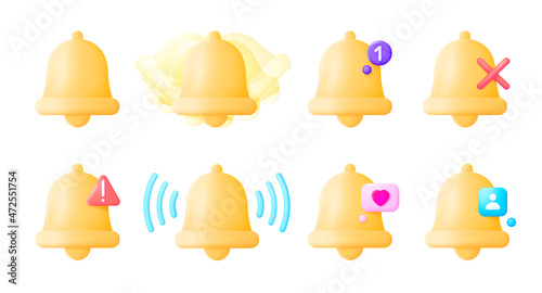 3D Bell set on white background. Message notification icon. Social media. Phone icon symbol set. Vector 3d illustration. Symbol, logo illustration