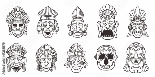 Set of hand drawn maya faces symbols isolated on white background.