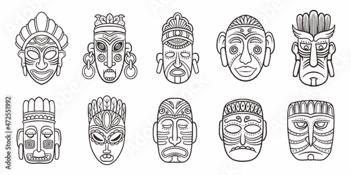 Set of hand drawn maya faces symbols isolated on white background.