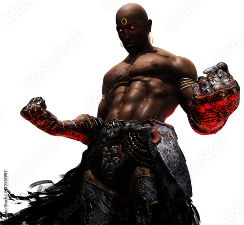 Fotografía The embittered black fighter clenches iron fists in gauntlets, he has a perfect beautiful athletic muscular body, a glowing furious look, and a vintage gauntlet belt with loincloths