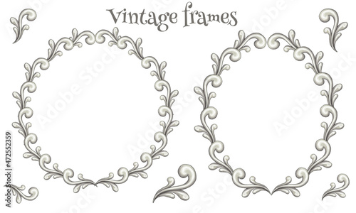 Elegant vintage style silver frames, curves, invitation decoration element, weding design elements