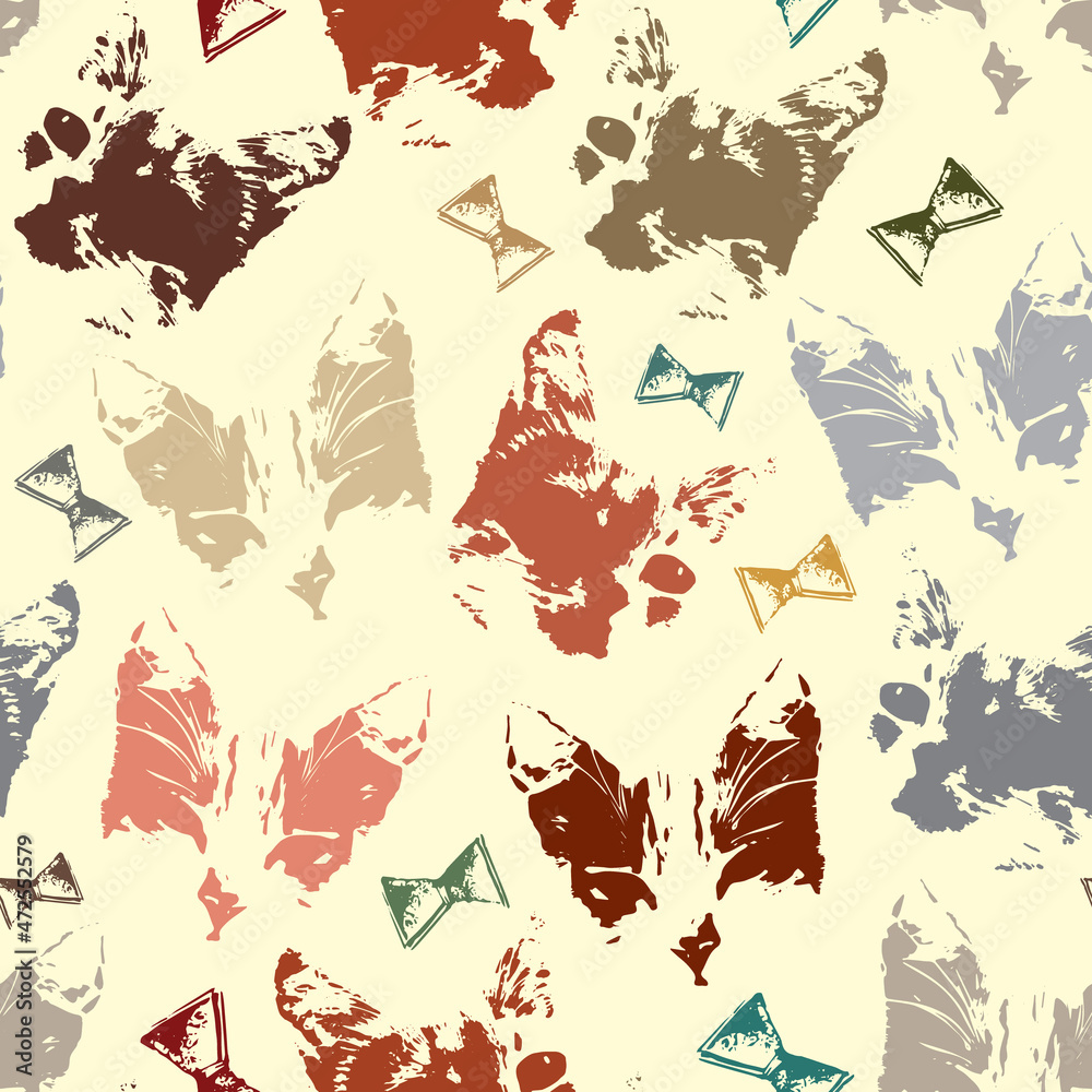 cats' faces and bows, seamless pattern