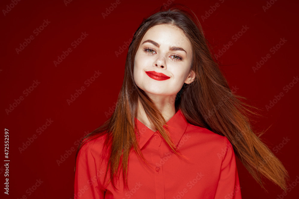 beautiful woman hairstyle makeup red shirt model beautiful woman hairstyle makeup red shirt model