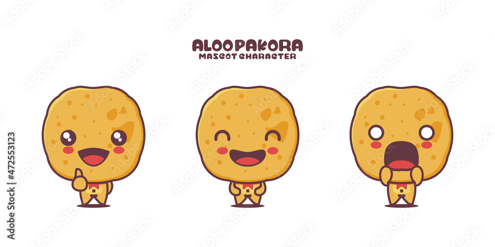 cute cartoon mascot Aloo Pakora. traditional indian food illustration, with different expressions cute cartoon mascot Aloo Pakora. traditional indian food illustration, with different expressions