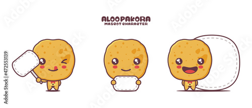 cute cartoon mascot Aloo Pakora. traditional indian food illustration, with blank board banner