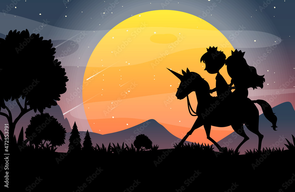 Halloween night background with prince and princess silhouette