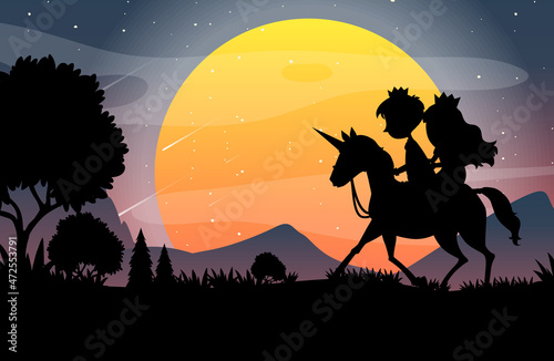 Halloween night background with prince and princess silhouette