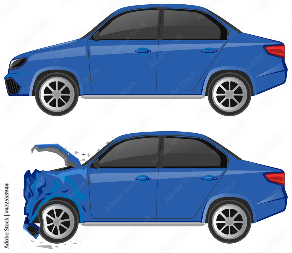 Blue sedan car and wrecked car on white background