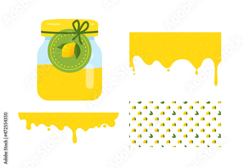 Glass jar with label and yellow jam. Flowing liquid Lemon jam.