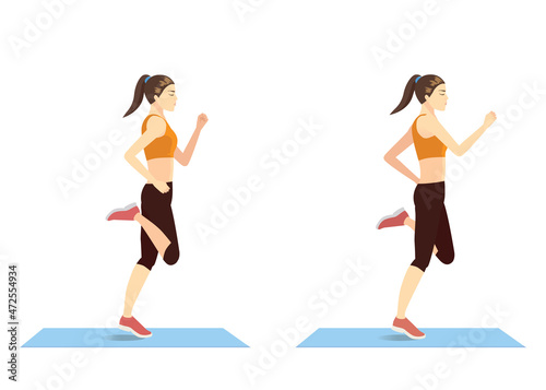 Sport women doing Butt Kicks Exercise in 2 steps. Cartoon Illustration about workout diagram.