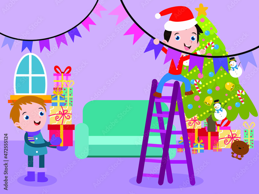 Fototapeta premium Christmas vector concept. Two happy kids preparing Christmas party while decorating living room at home