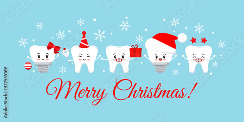 Cute Christmas teeth with xmas accessories on dentist greeting card. White winter teeth emoji implant, in braces in santa hat with deer horns gift photo props. Flat cartoon vector illustration.