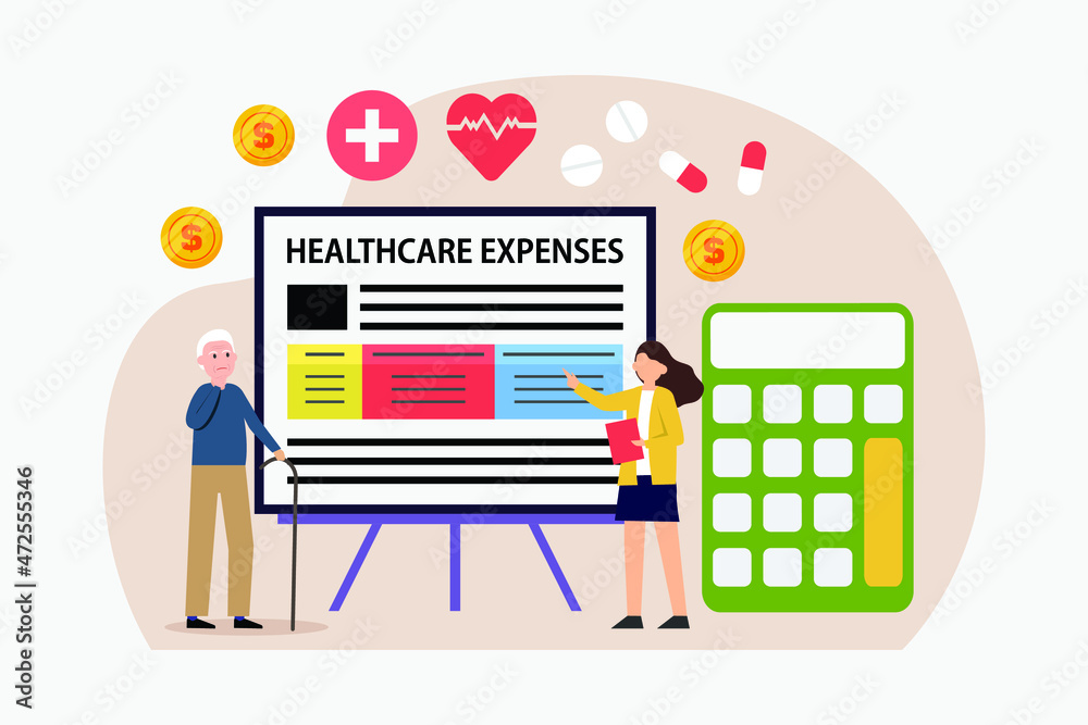 Healthcare expenses vector concept. Businesswoman explaining healthcare expenses to old man while standing with calculator