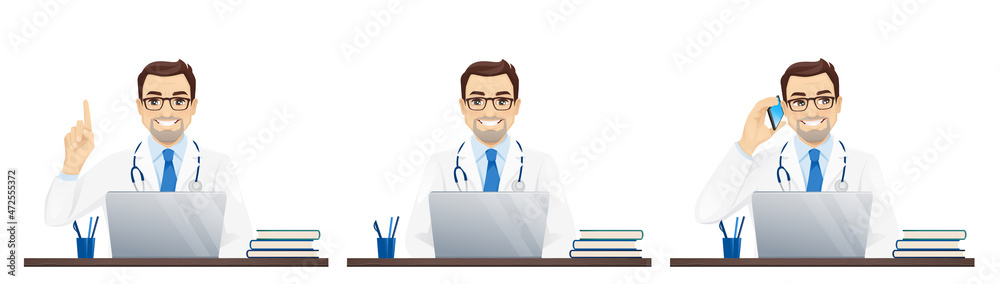 Male doctor using laptop computer sitting at the desk isolated vector illustration Male doctor using laptop computer sitting at the desk isolated vector illustration